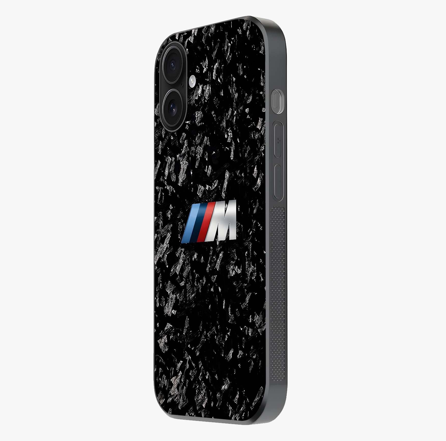 Carbon Speed Mark Glass Case photographed in natural light showing reflective finish and design depth.