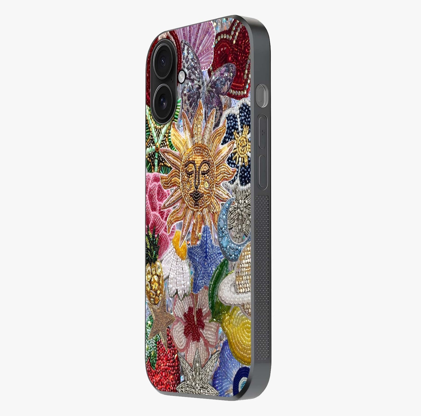 Celestial Floral And Playful Glass Case photographed in natural light showing reflective finish and design depth.