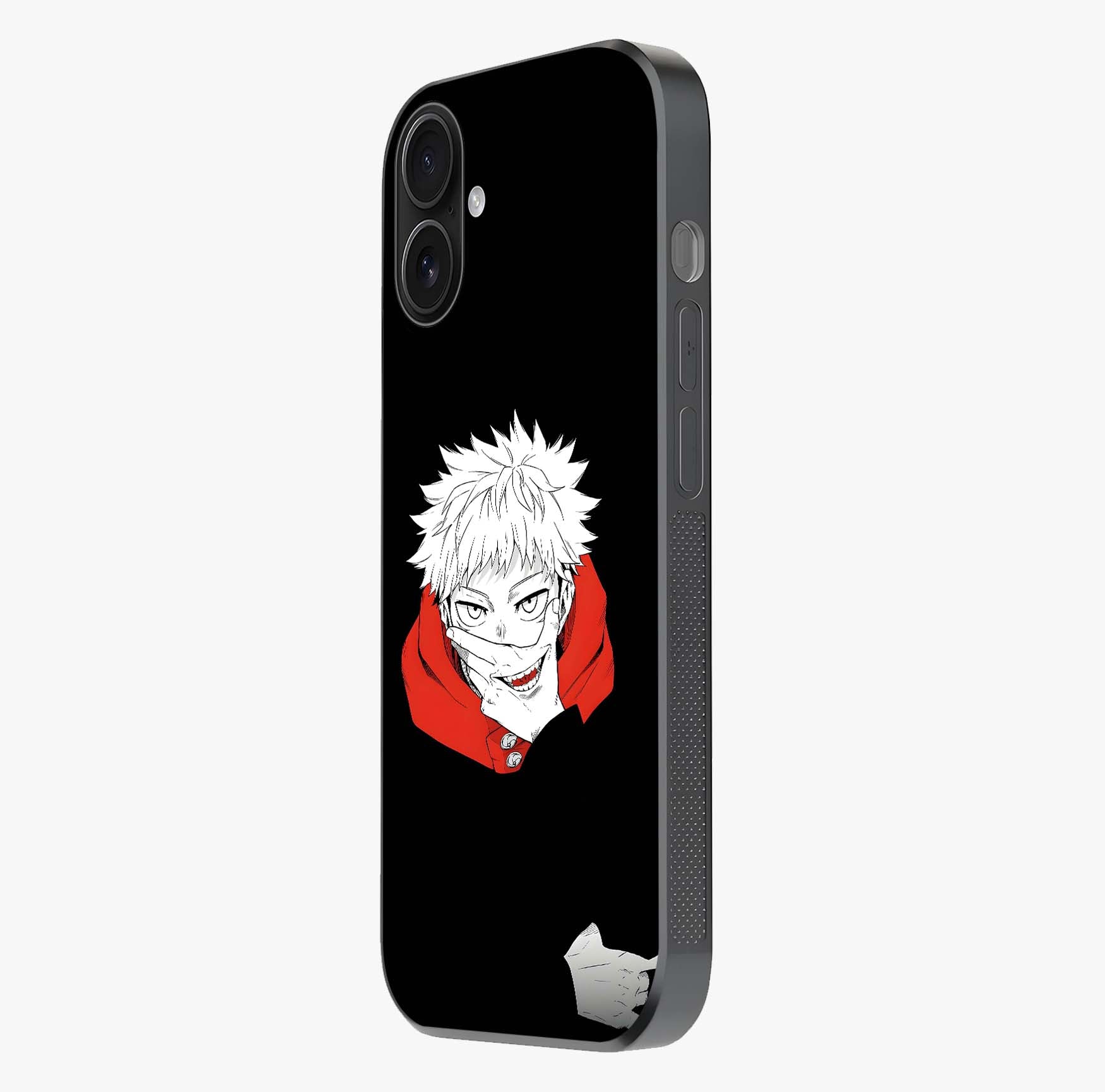 Crimson Chaos Smile Glass Case photographed in natural light showing reflective finish and design depth.