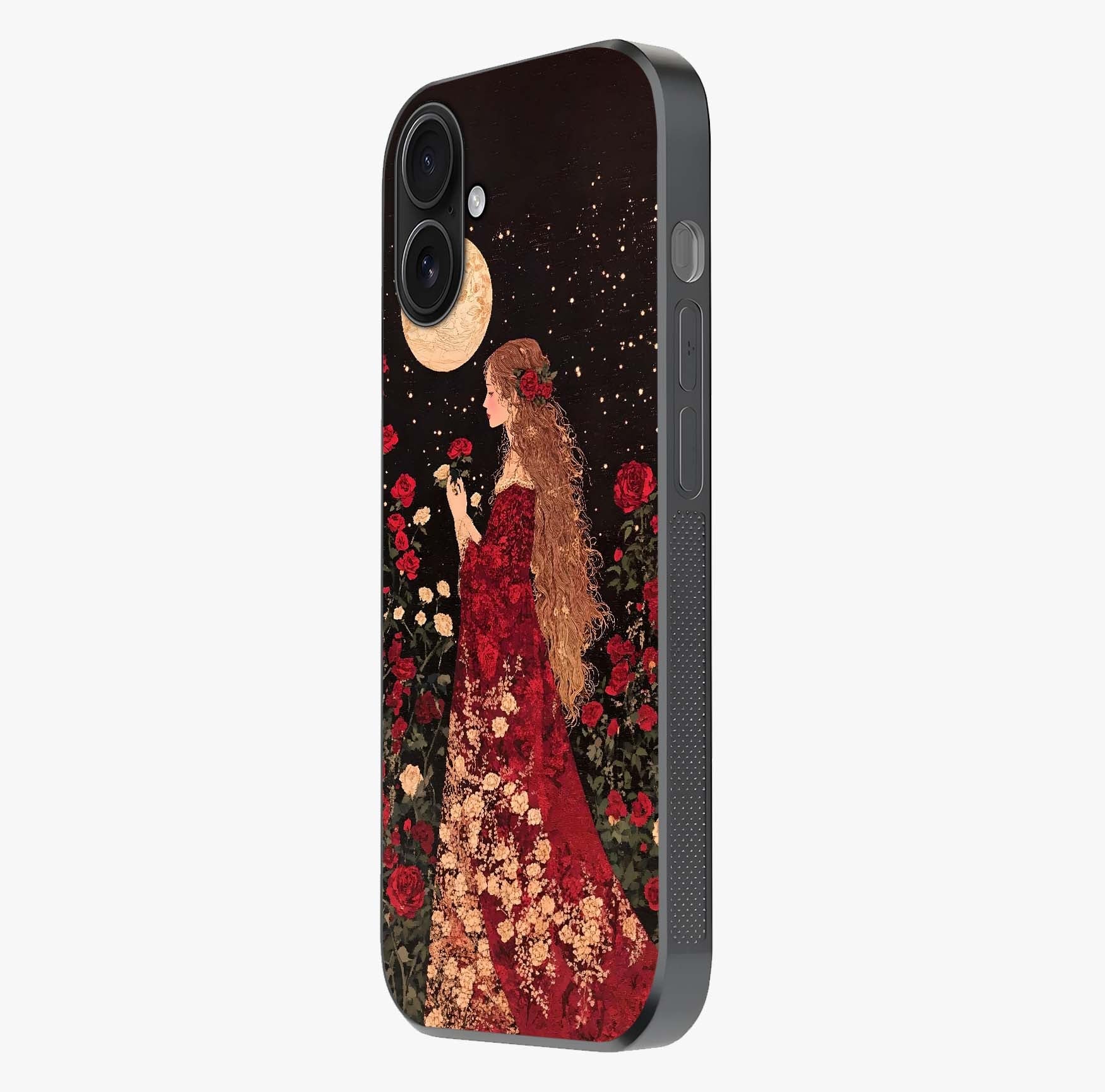 Crimson Dreams Glass Case photographed in natural light showing reflective finish and design depth.