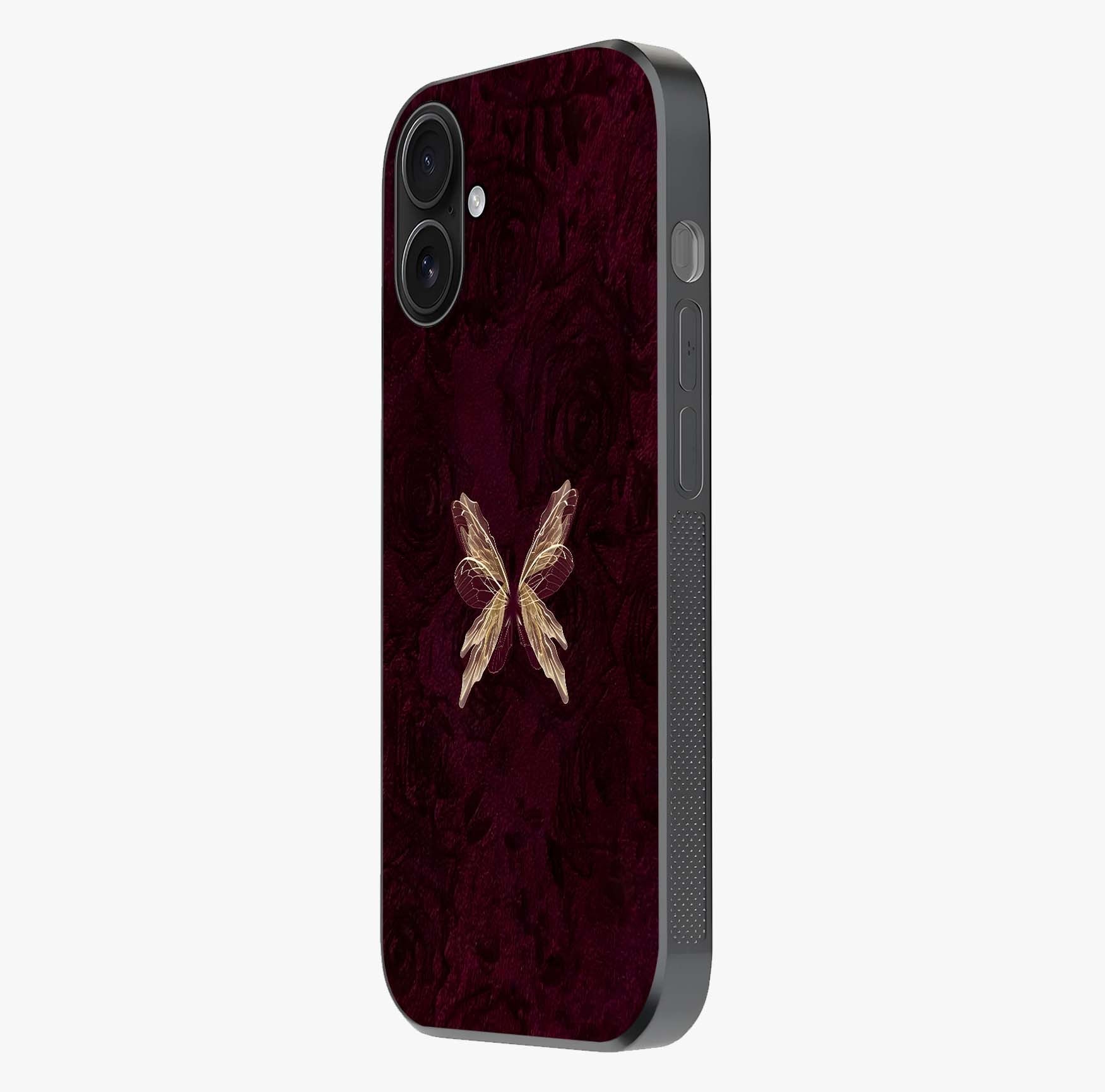 Crimson Fade Butterfly Glass Case photographed in natural light showing reflective finish and design depth.