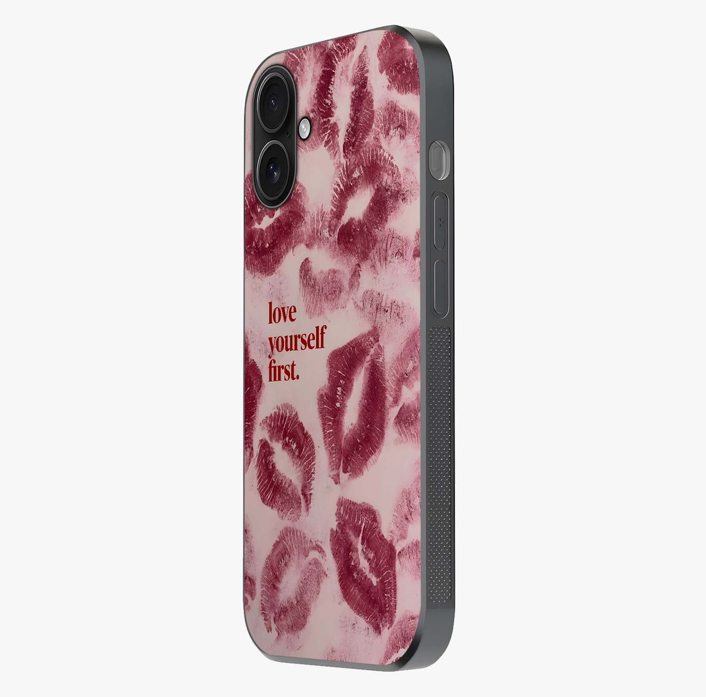 Crimson Kiss Love Glass Case photographed in natural light showing reflective finish and design depth.