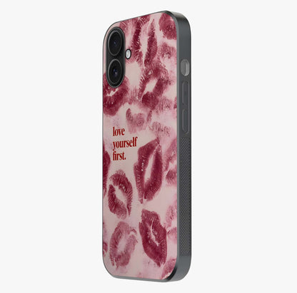 Crimson Kiss Love Glass Case photographed in natural light showing reflective finish and design depth.
