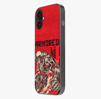 Crimson Mecha Titan Glass Case photographed in natural light showing reflective finish and design depth.