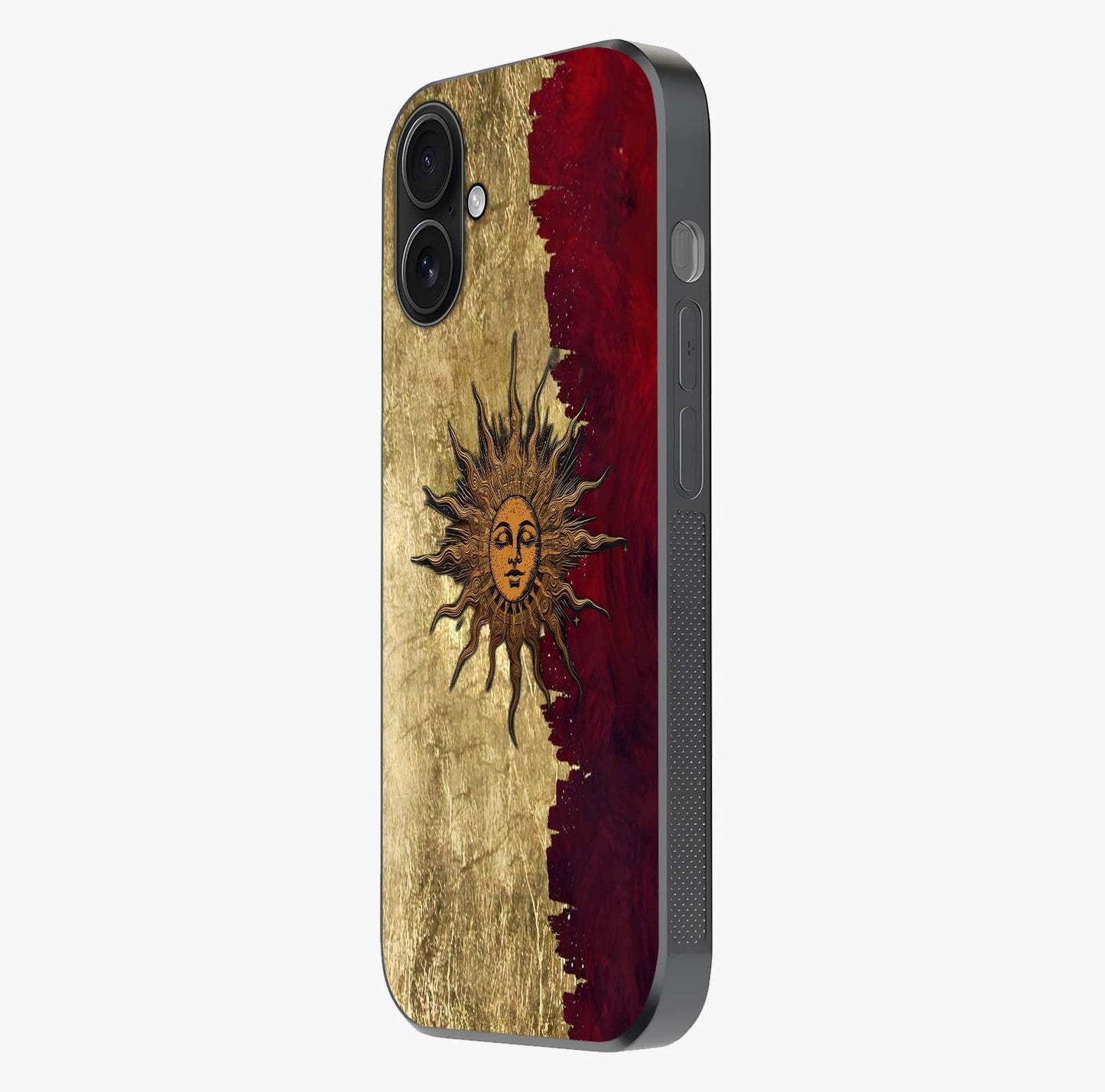 Crimson Sun Majesty Glass Case photographed in natural light showing reflective finish and design depth.