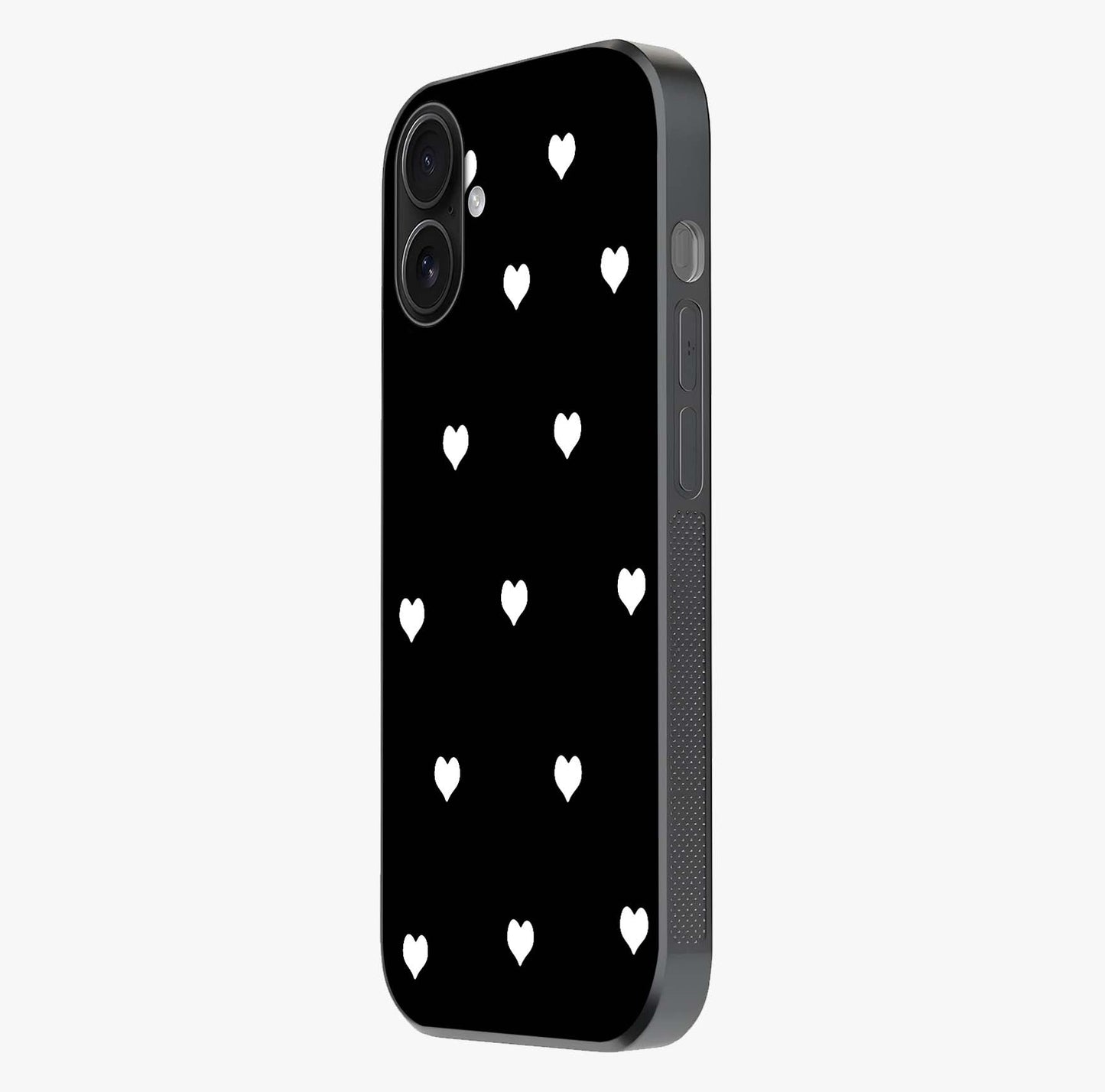 Cute And Simple White Hearts Glass Case photographed in natural light showing reflective finish and design depth.