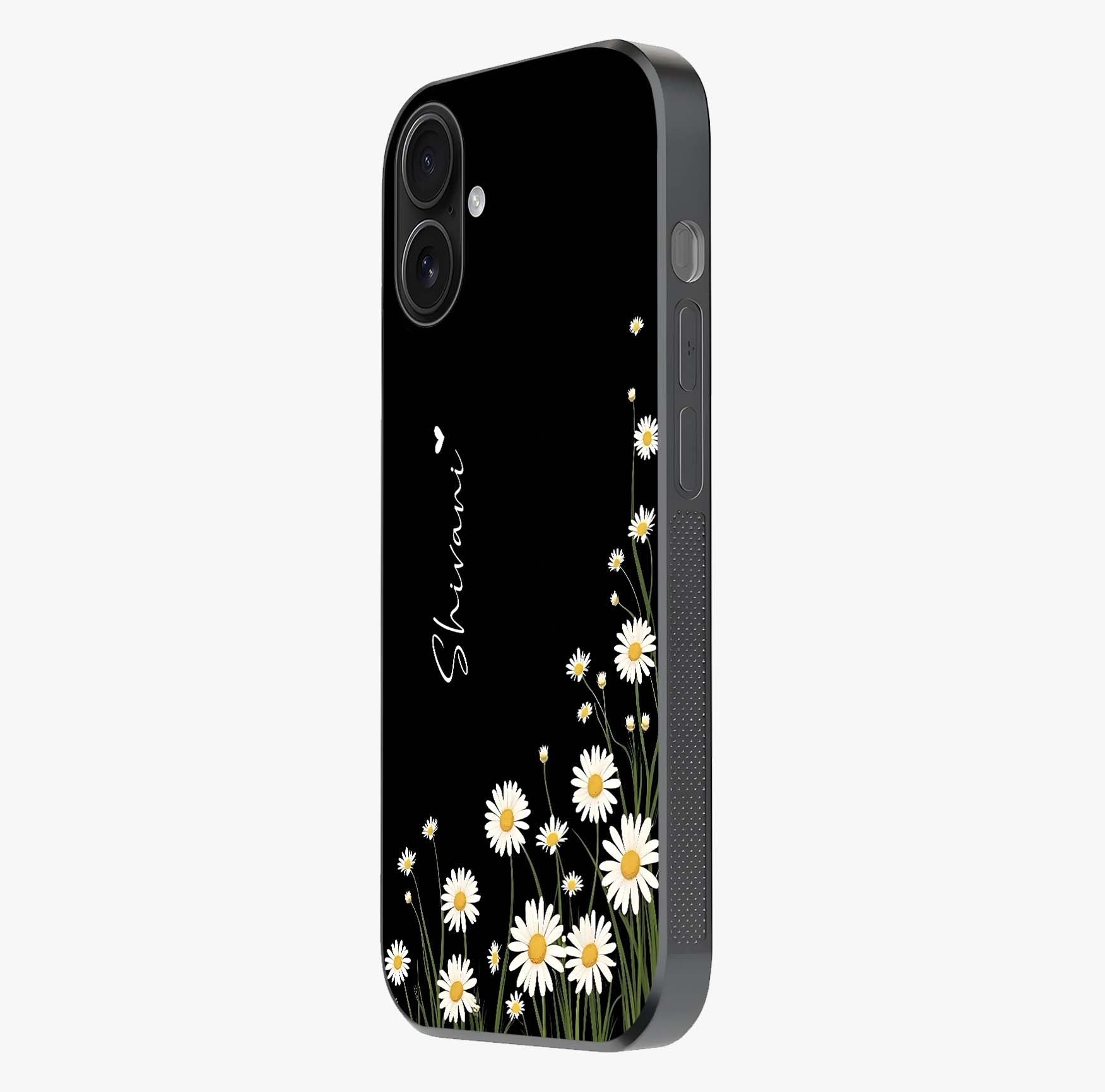 Daisy Cascade Custom Name Glass Case photographed in natural light showing reflective finish and design depth.