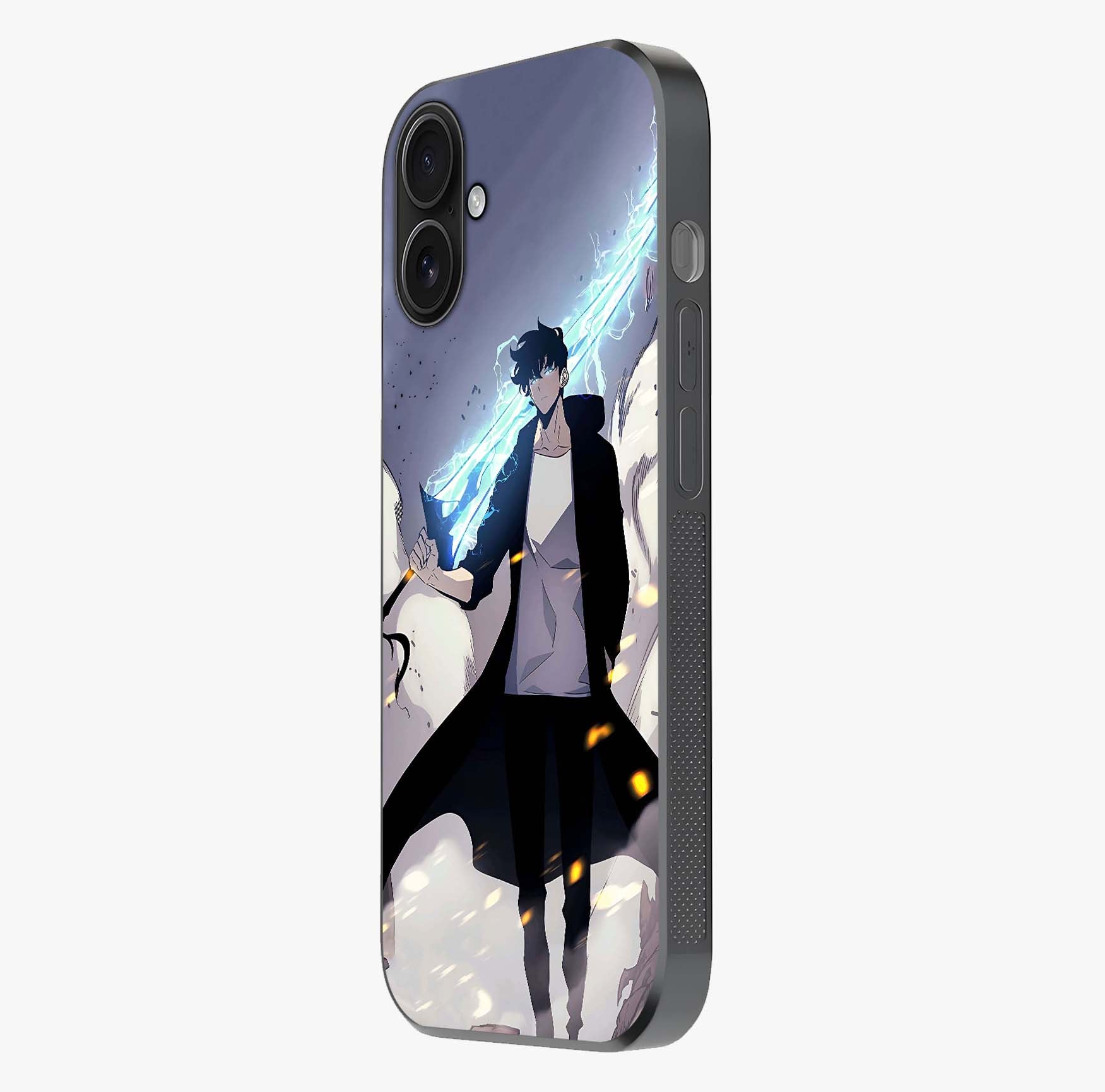 Dark Lightning Anime Warrior Glass Case photographed in natural light showing reflective finish and design depth.