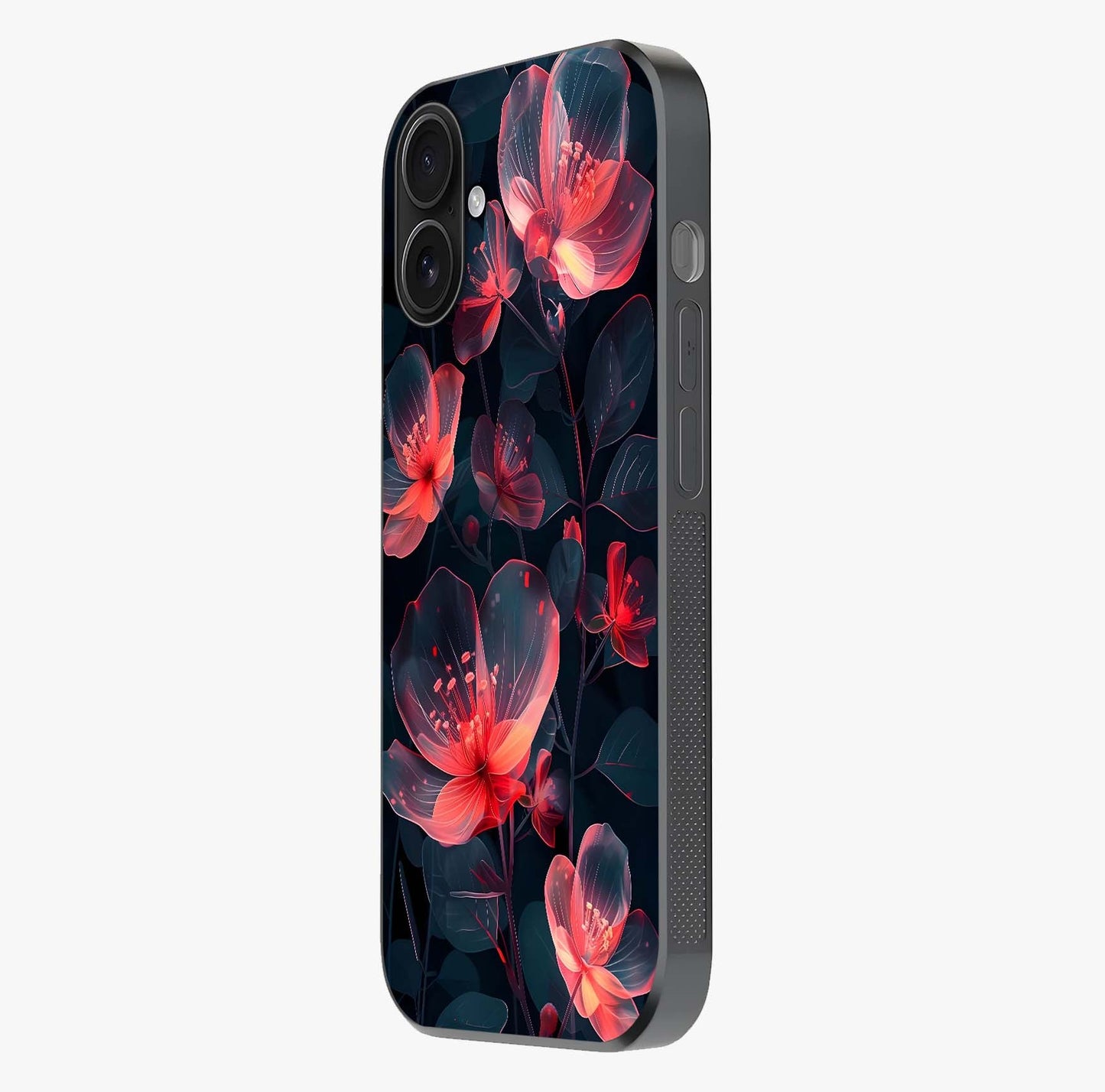 Dark Shade Of Flower Glass Case photographed in natural light showing reflective finish and design depth.