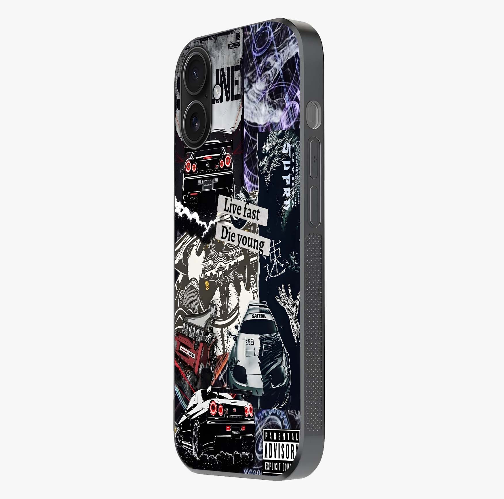Die Young Glass Case photographed in natural light showing reflective finish and design depth.