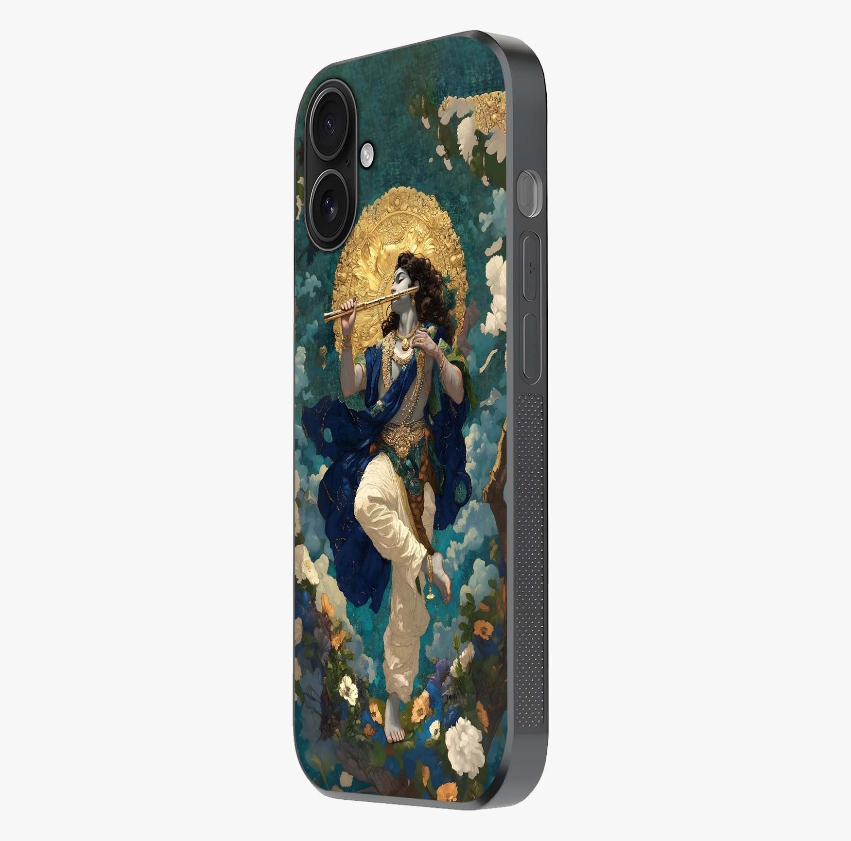 Divine Krishna Art Glass Case photographed in natural light showing reflective finish and design depth.