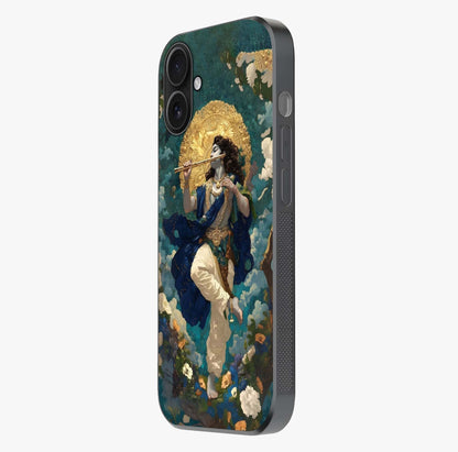 Divine Krishna Art Glass Case photographed in natural light showing reflective finish and design depth.