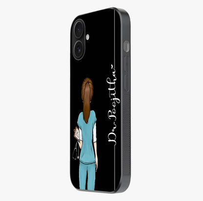 Doctor Pattern Custom Name Glass Case photographed in natural light showing reflective finish and design depth.