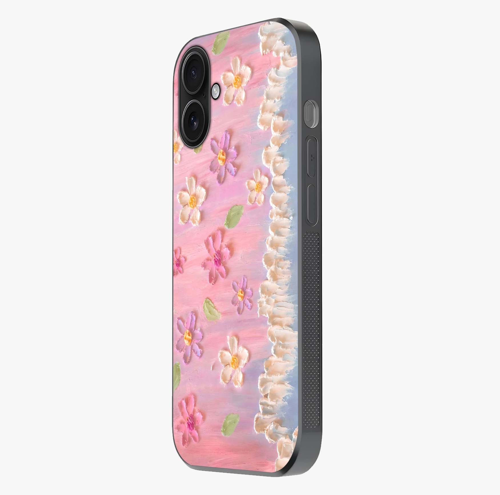 Dreamy Painted Garden Glass Case photographed in natural light showing reflective finish and design depth.