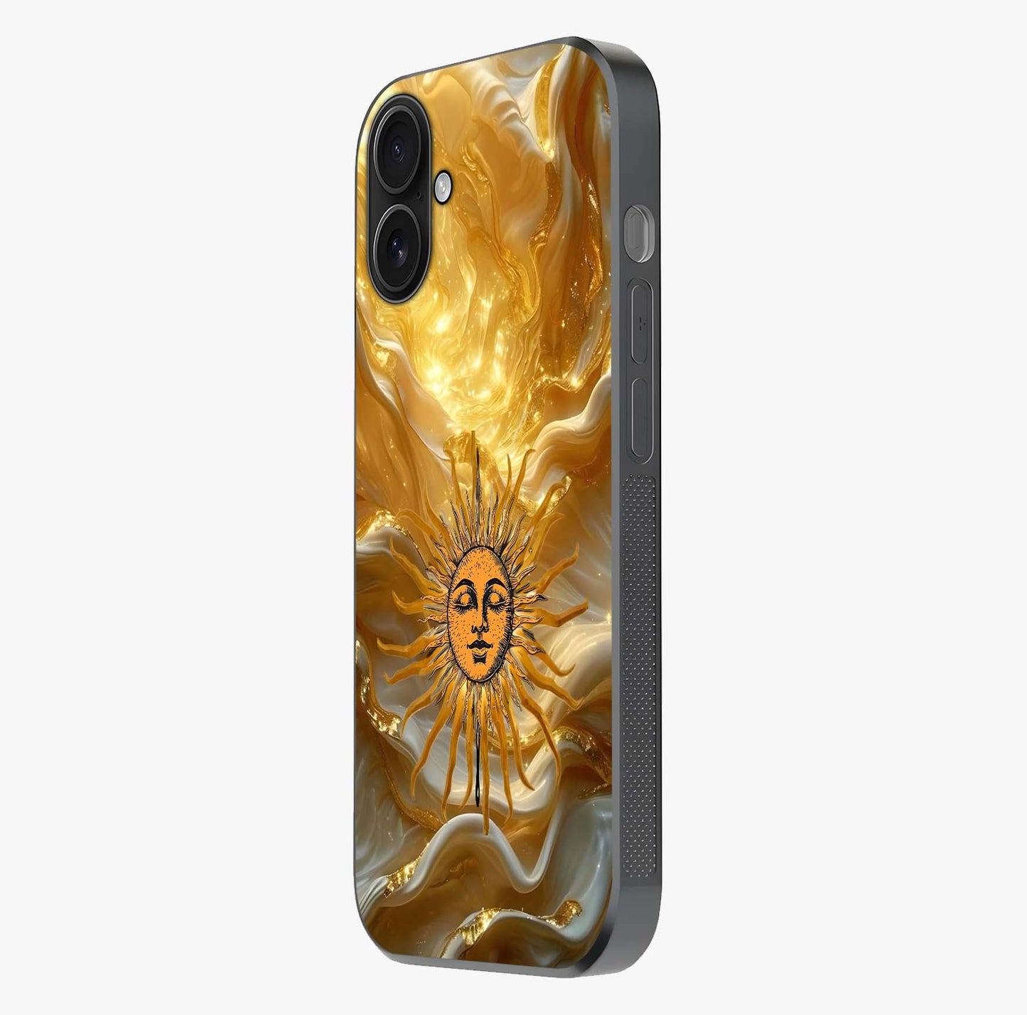 Eternal Golden Glow Glass Case photographed in natural light showing reflective finish and design depth.