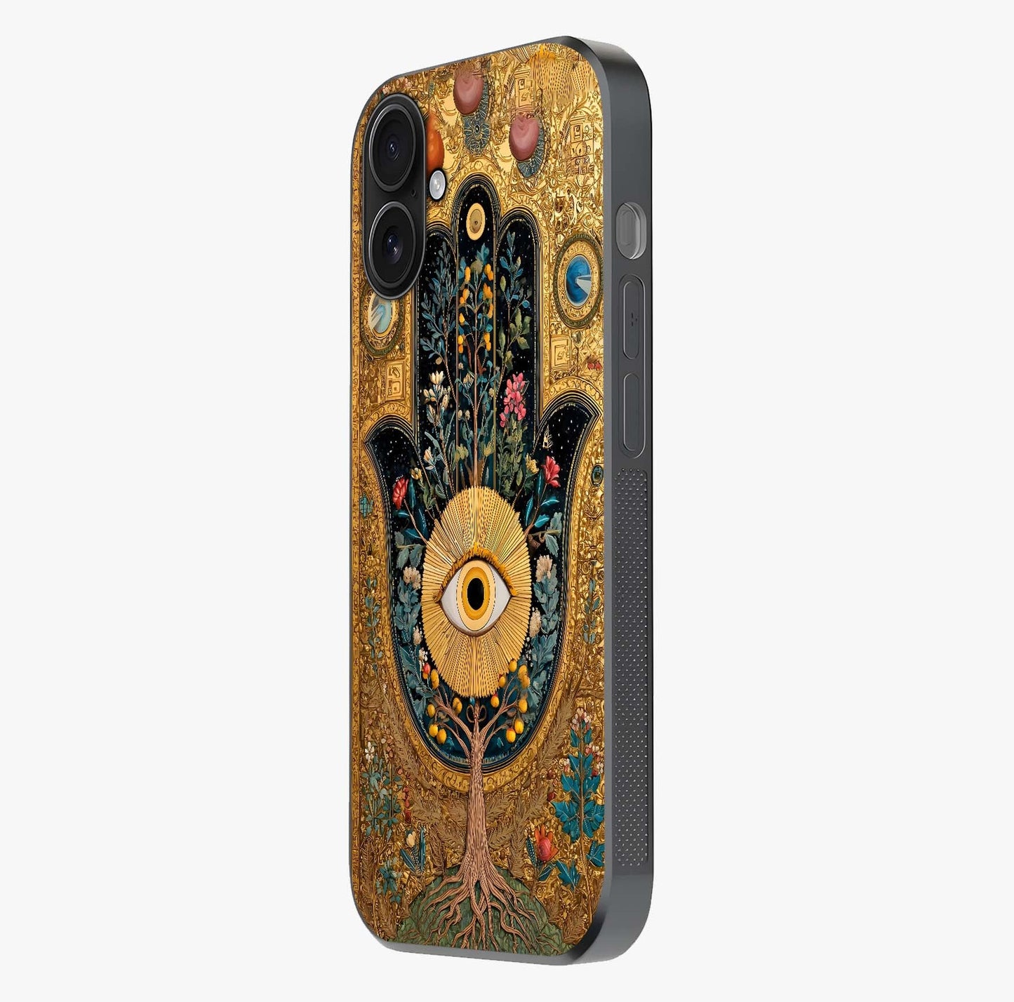 Ethereal Evil Eye Glass Case photographed in natural light showing reflective finish and design depth.