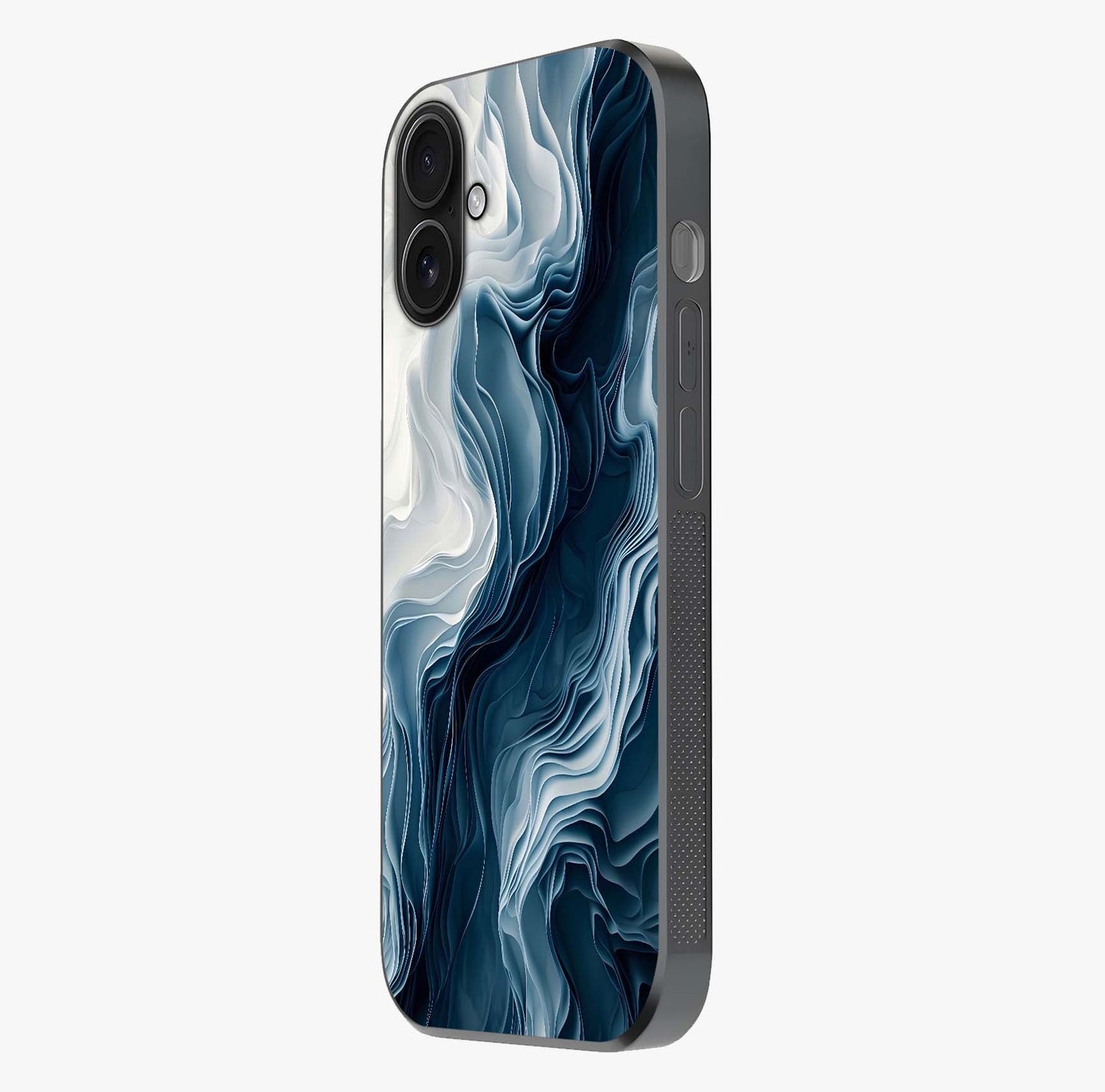 Ethereal Paper Marble Glass Case photographed in natural light showing reflective finish and design depth.