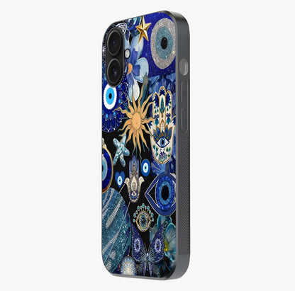 Evil Eye Charm Mix Glass Case photographed in natural light showing reflective finish and design depth.