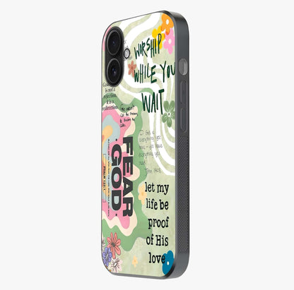 Faith Over Fear Glass Case photographed in natural light showing reflective finish and design depth.