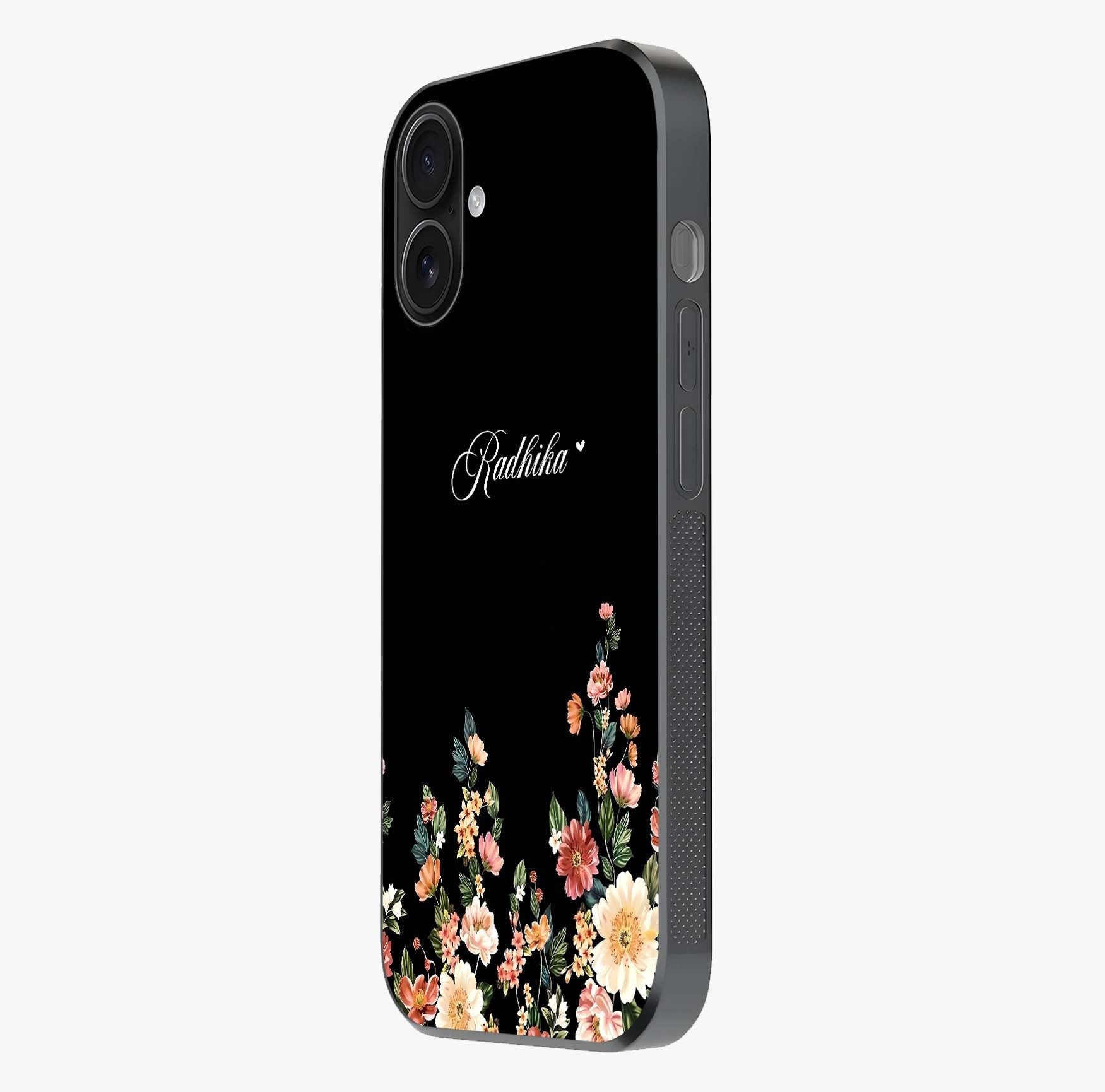 Floral Design With A Custom Personalized Name Glass Case photographed in natural light showing reflective finish and design depth.