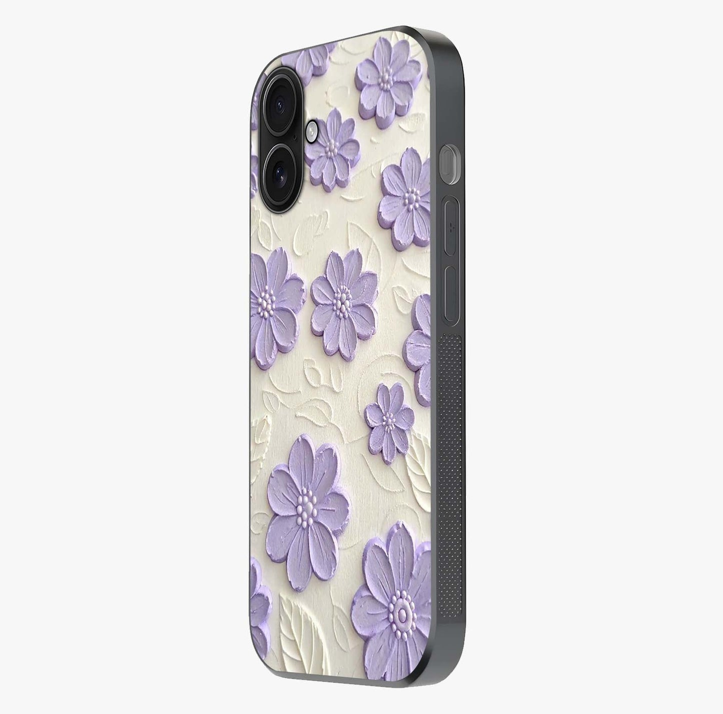 Floral Wall Art With Purple Flowers Glass Case photographed in natural light showing reflective finish and design depth.