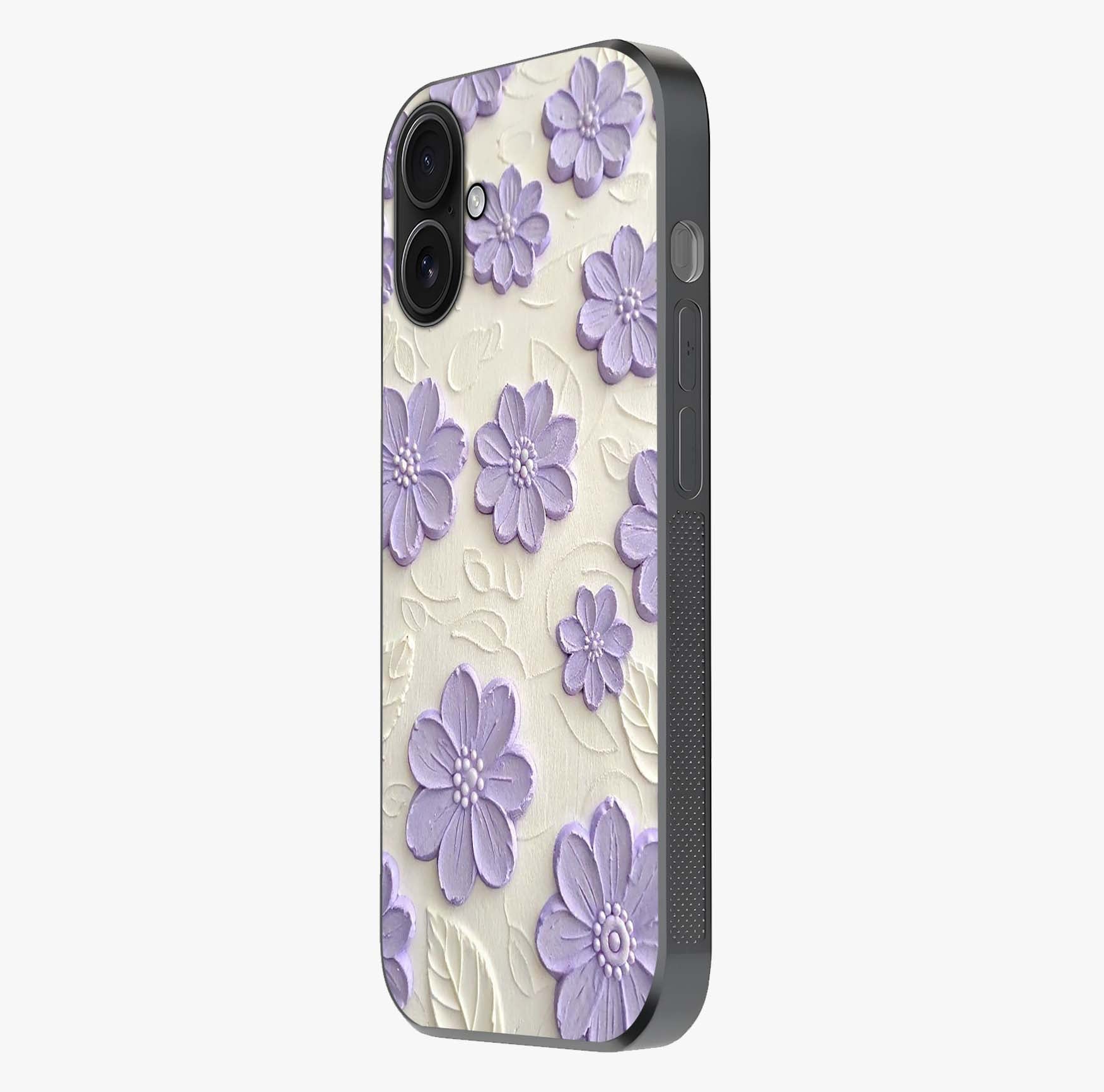 Floral Wall Art With Purple Flowers Glass Case photographed in natural light showing reflective finish and design depth.
