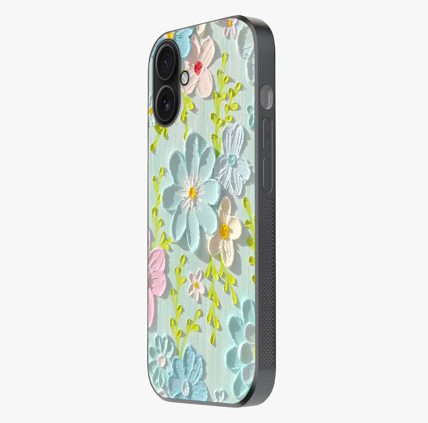 Frosted Petal Garden Glass Case photographed in natural light showing reflective finish and design depth.