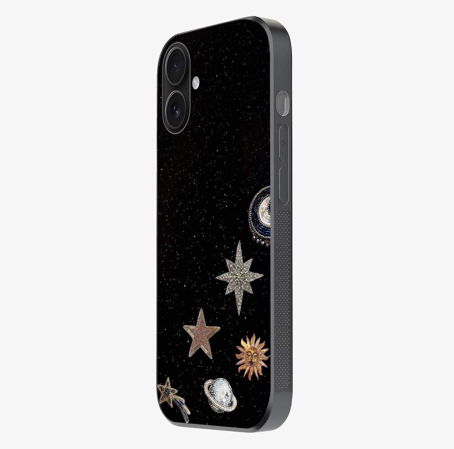 Galactic Charm Glow Glass Case photographed in natural light showing reflective finish and design depth.