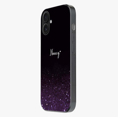 Glittery Purple Bokeh Custom Name Glass Case photographed in natural light showing reflective finish and design depth.