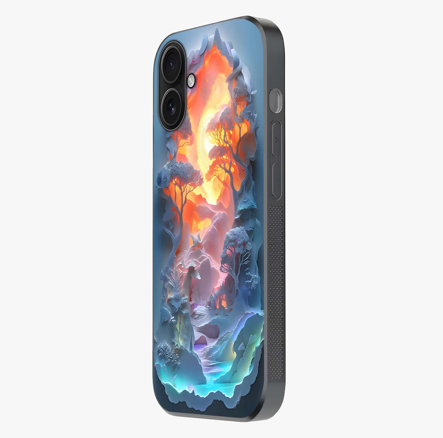 Glow Forest Portal Glass Case photographed in natural light showing reflective finish and design depth.