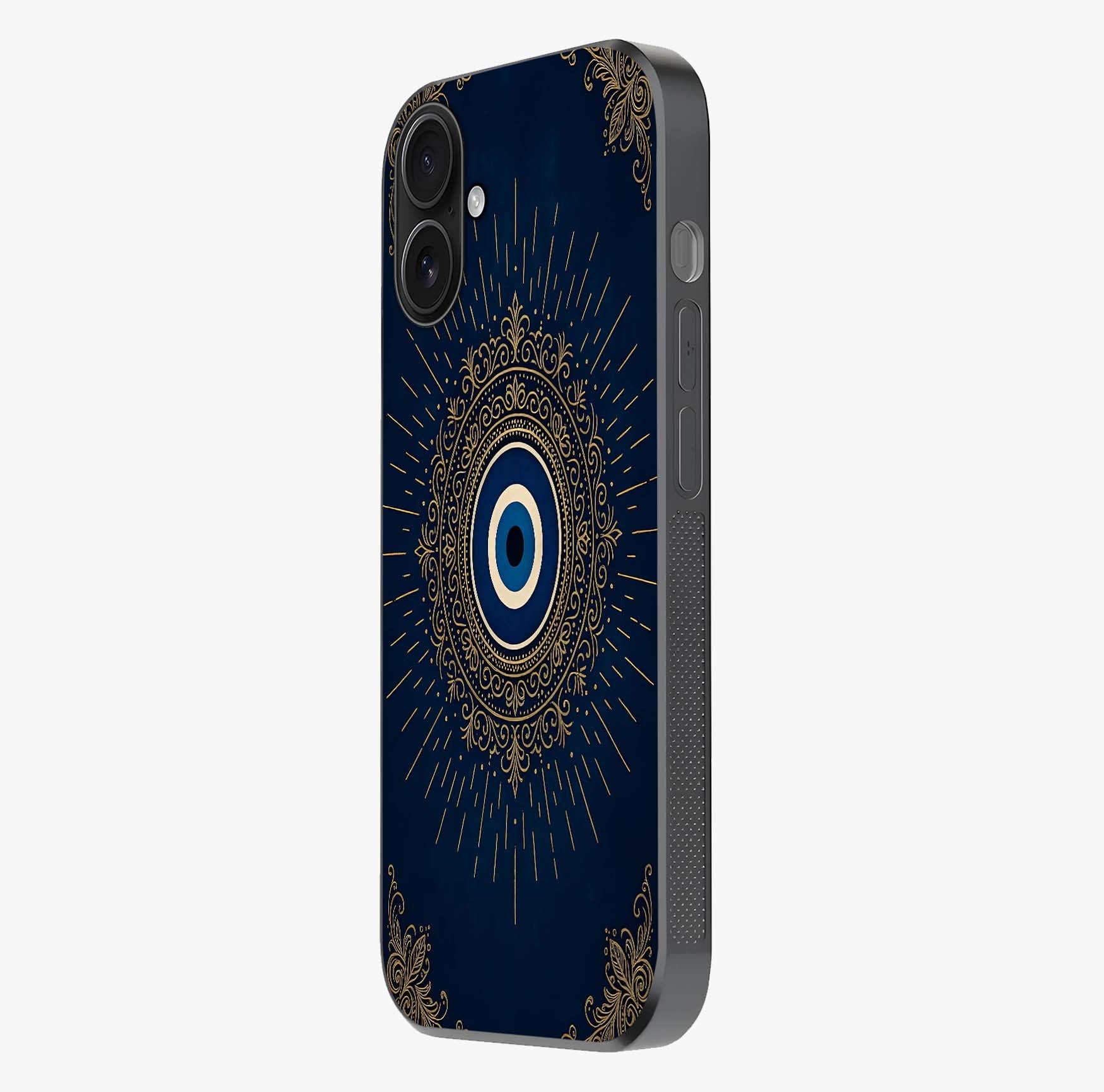 Golden Celestial Charm Glass Case photographed in natural light showing reflective finish and design depth.