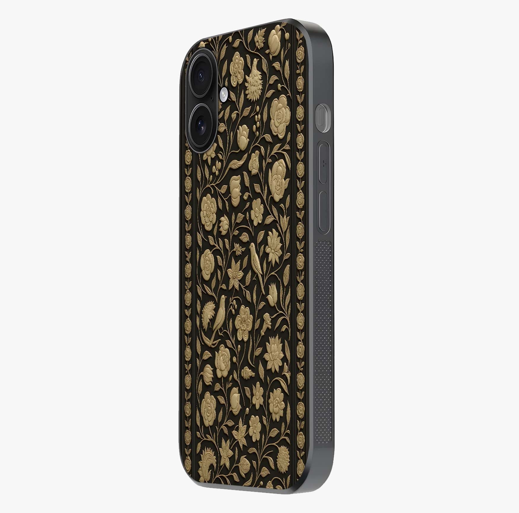 Golden Evil Eye Mandala Glass Case photographed in natural light showing reflective finish and design depth.
