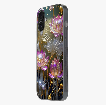 Golden Floral Majesty Glass Case photographed in natural light showing reflective finish and design depth.