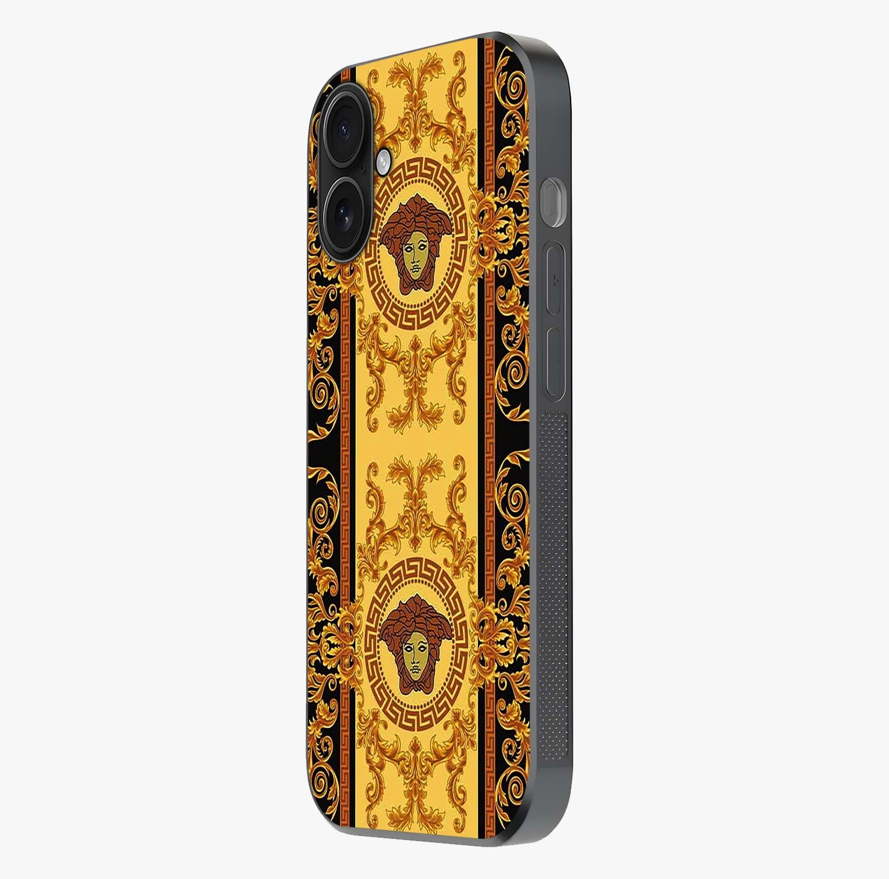Golden Lotus Glow Glass Case photographed in natural light showing reflective finish and design depth.