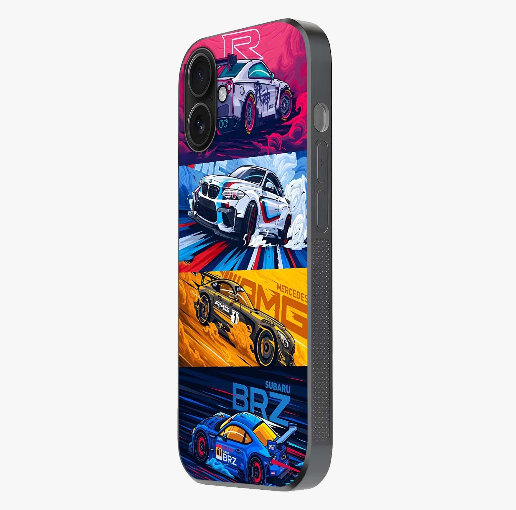 Jdm Sports Car Glass Case photographed in natural light showing reflective finish and design depth.
