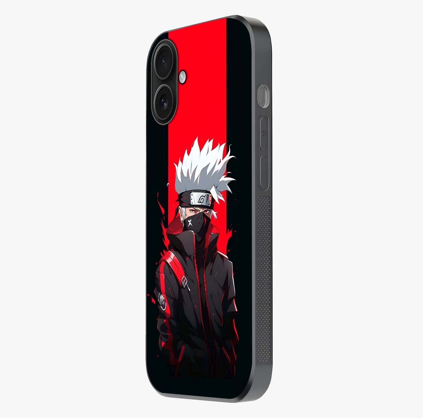 Kakashi Scarlet Shadow Glass Case photographed in natural light showing reflective finish and design depth.