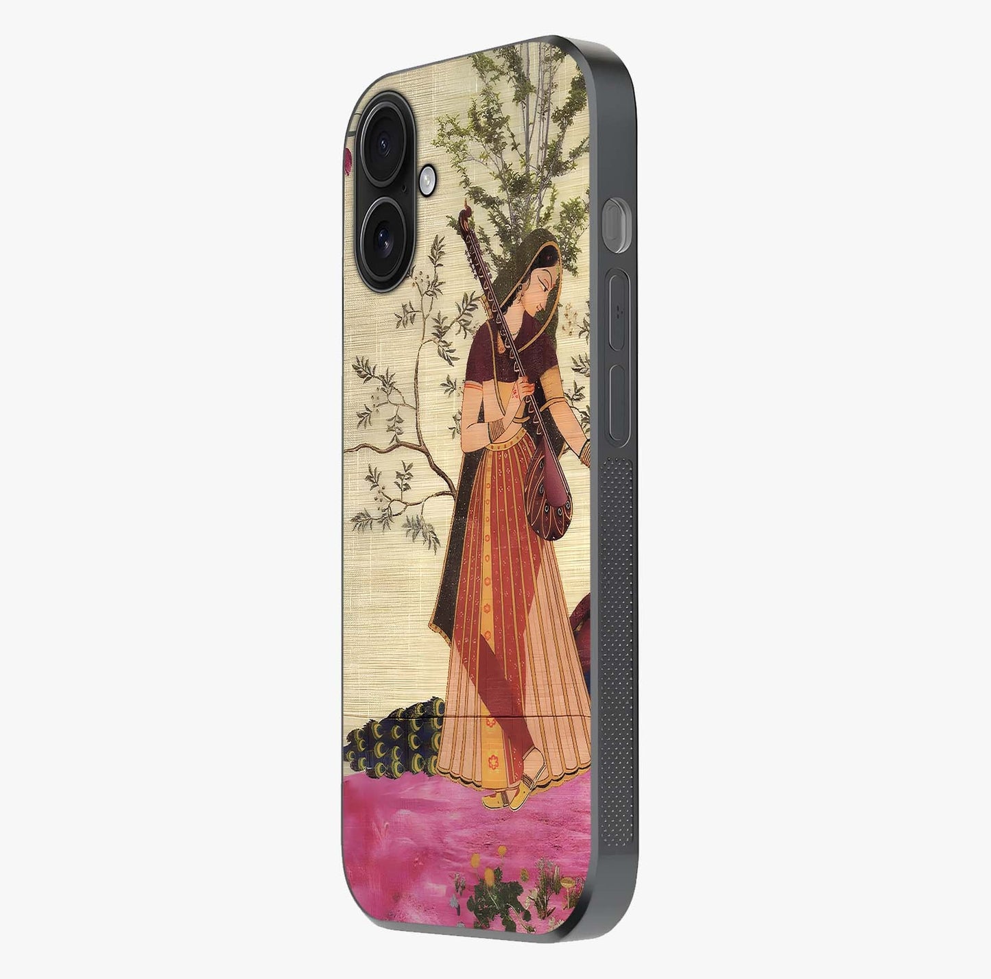 Lady With Veena Art Glass Case photographed in natural light showing reflective finish and design depth.