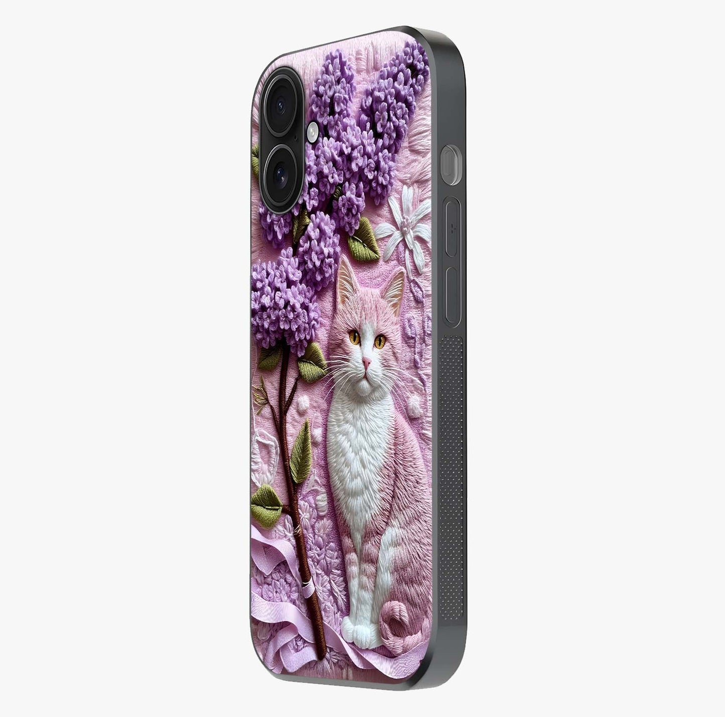 Lavender Cat Whimsy Glass Case photographed in natural light showing reflective finish and design depth.