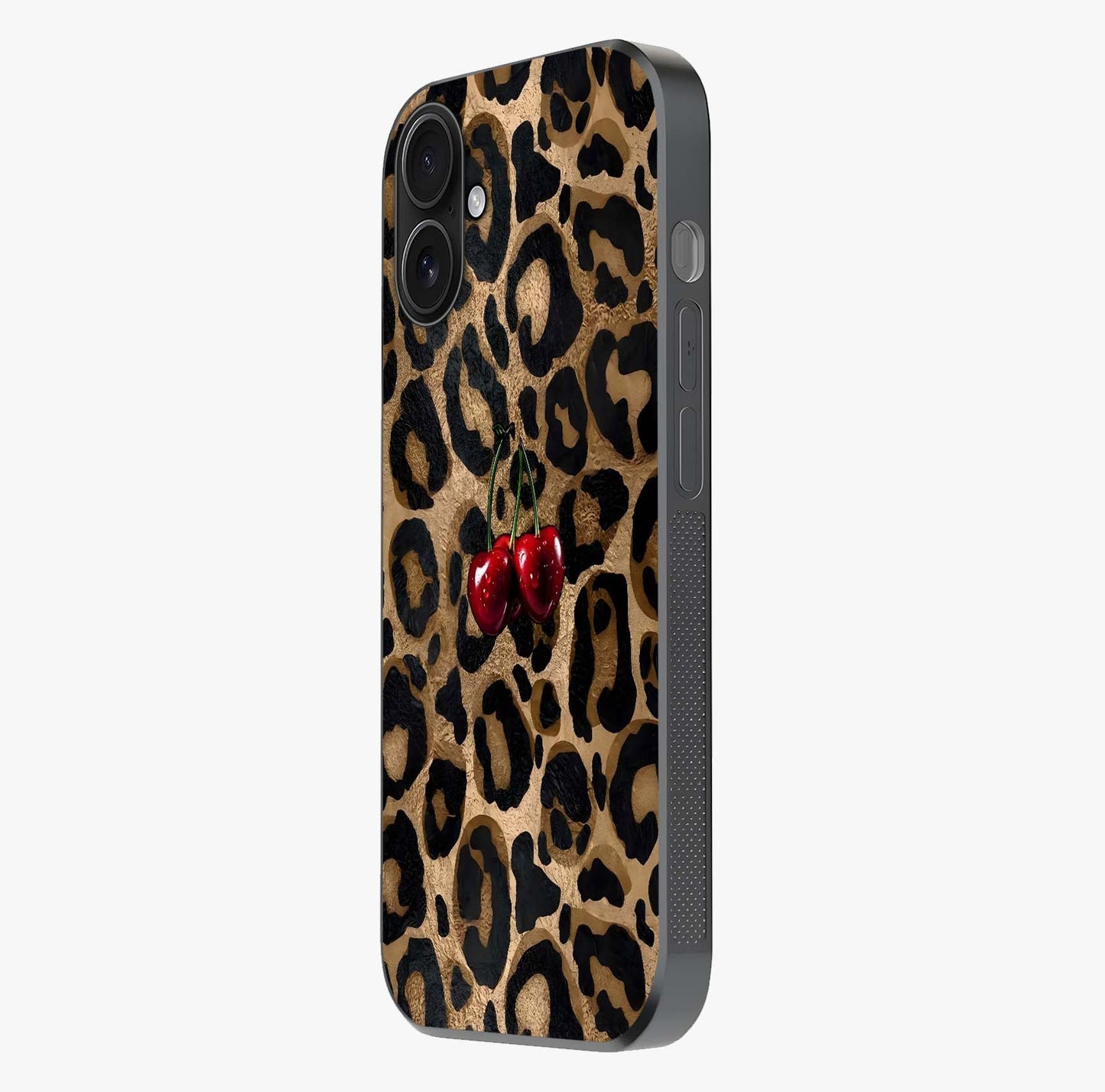 Leopard Wild Cherry Glass Case photographed in natural light showing reflective finish and design depth.