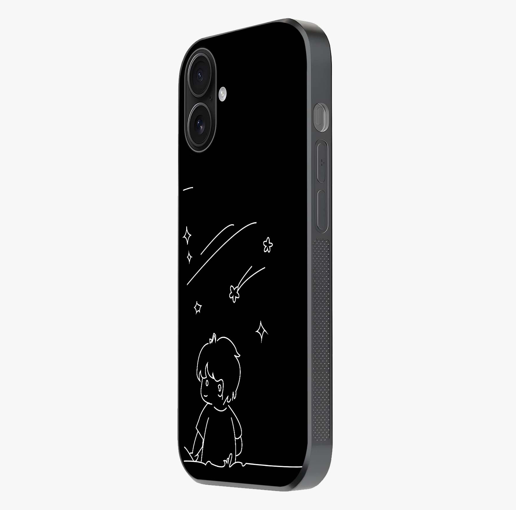 Line Art Boy With Shooting Stars Glass Case photographed in natural light showing reflective finish and design depth.
