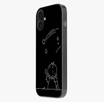 Line Art Girl With Shooting Stars Glass Case photographed in natural light showing reflective finish and design depth.