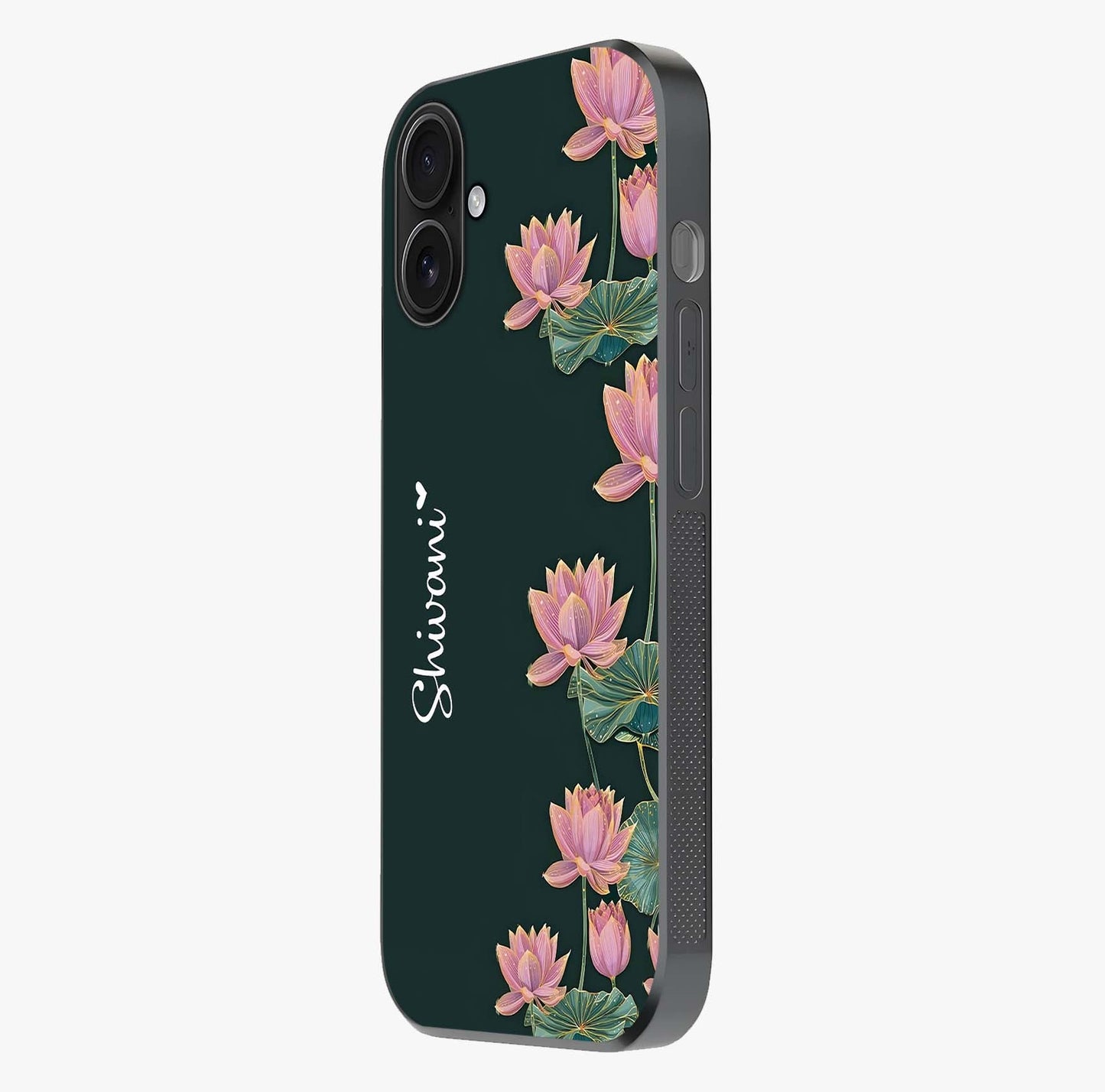 Lotus Bloom Serenity Custom Name Glass Case photographed in natural light showing reflective finish and design depth.
