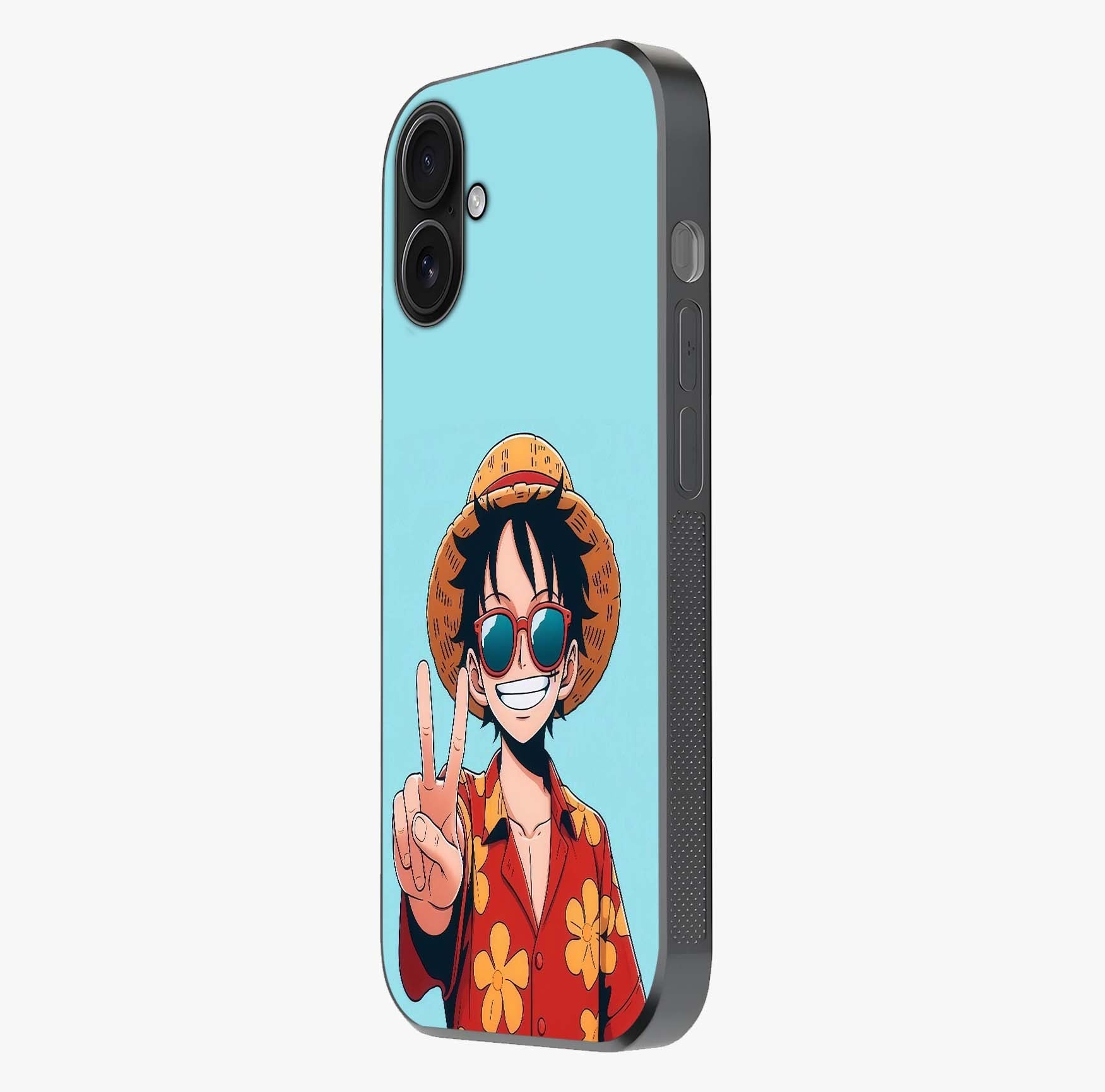 Luffy Summer Anime Vibe Glass Case photographed in natural light showing reflective finish and design depth.