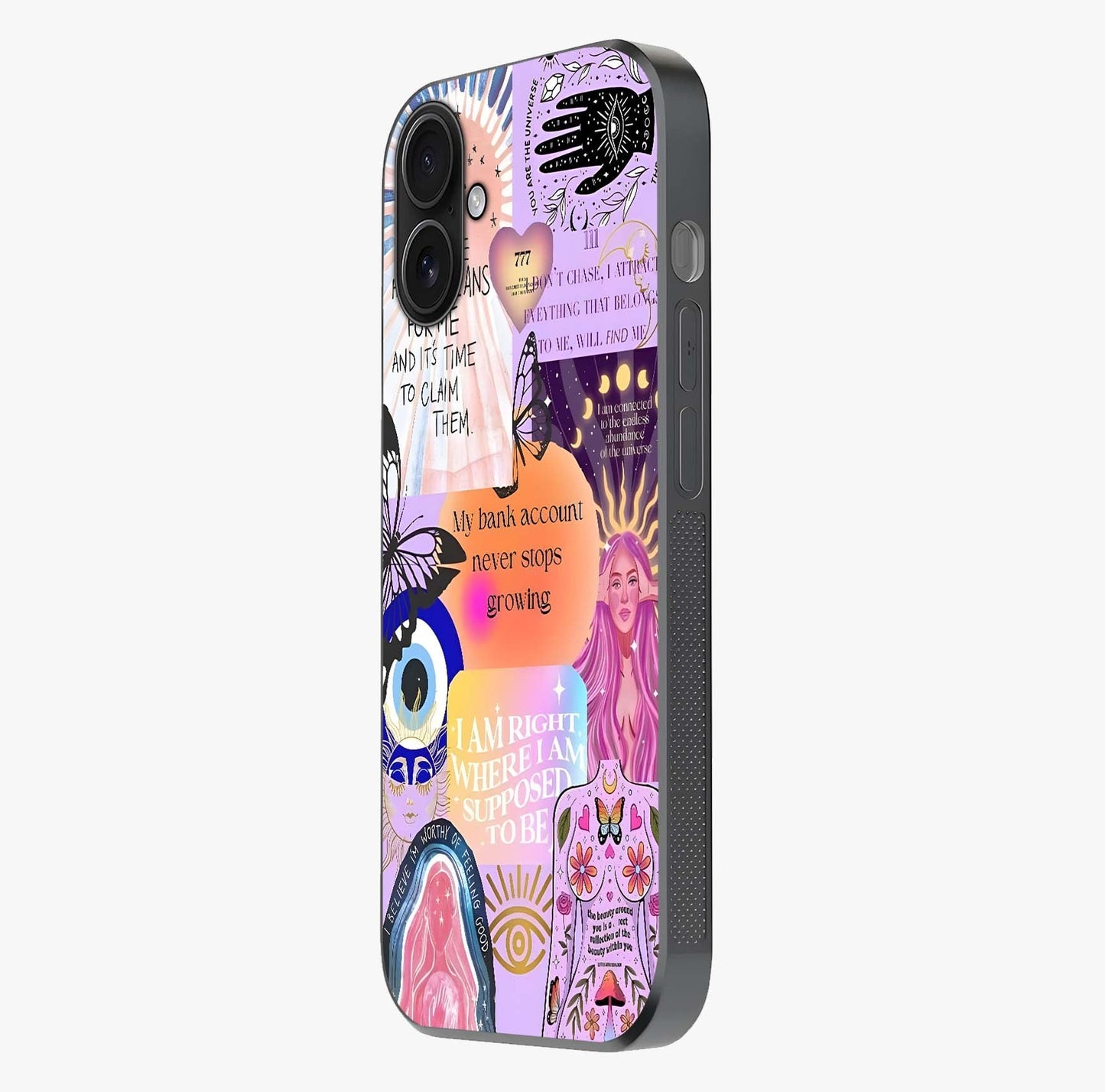 Manifestation Collage Glass Case photographed in natural light showing reflective finish and design depth.