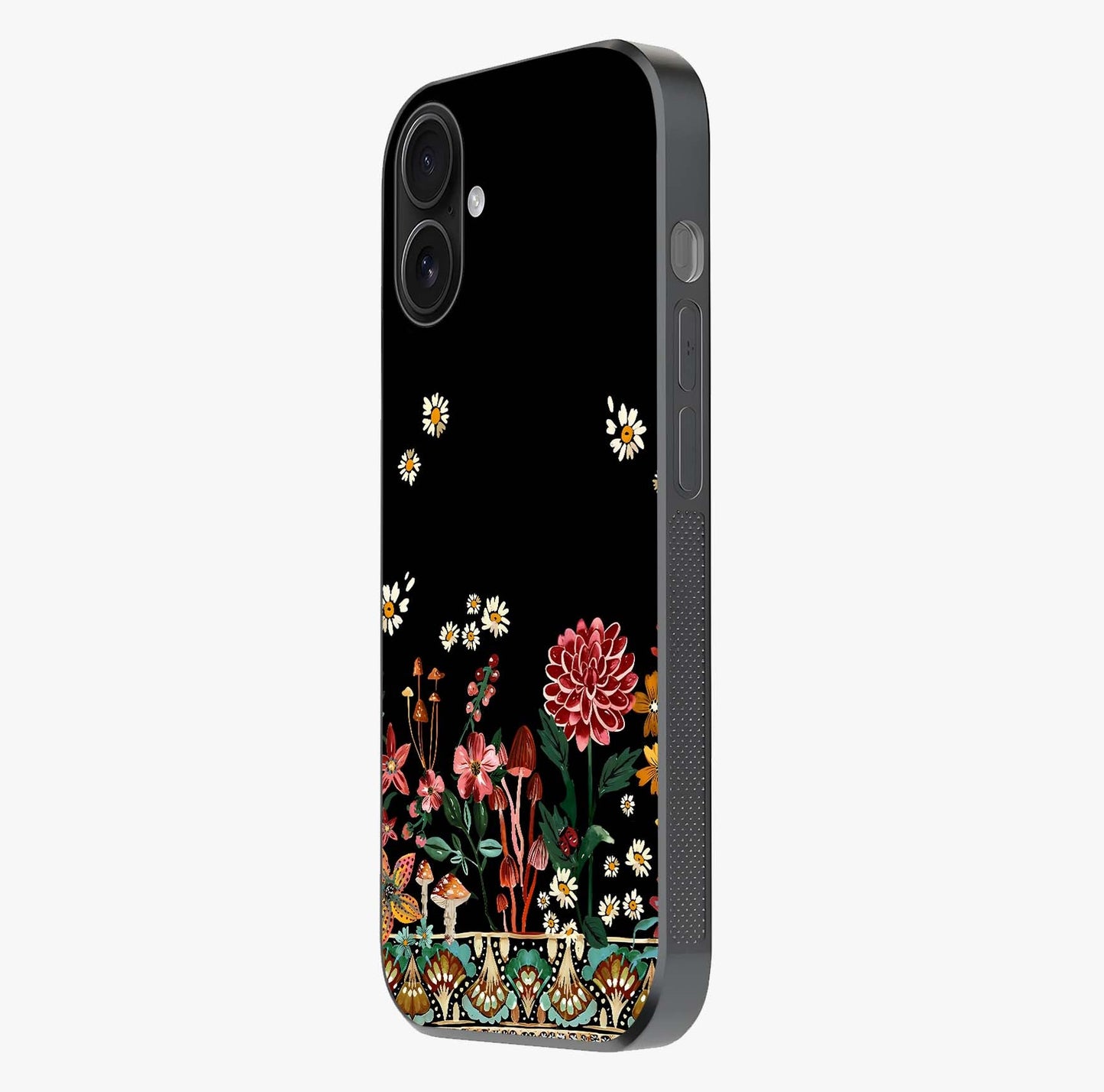 Midnight Bloom Pattern Glass Case photographed in natural light showing reflective finish and design depth.