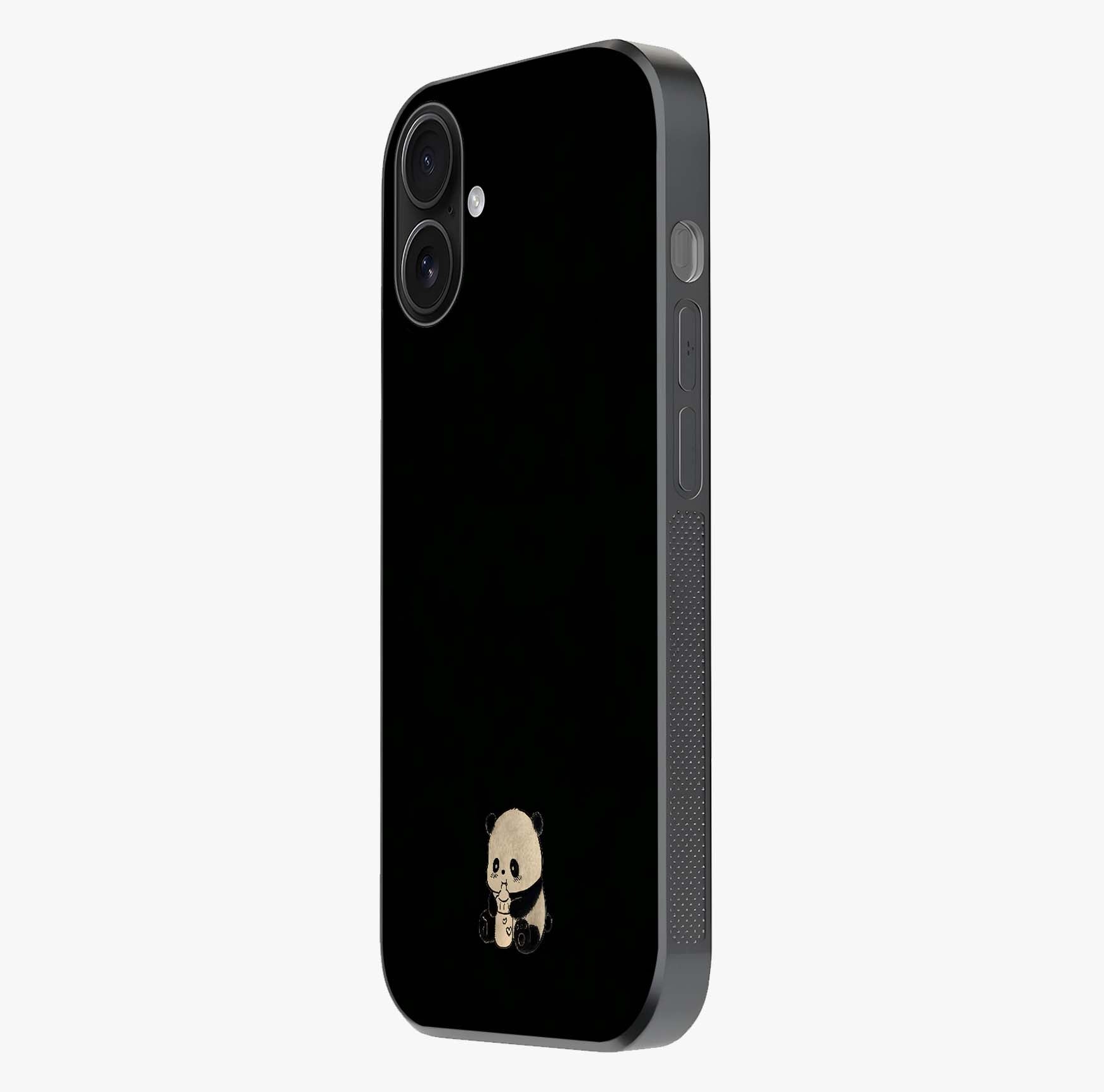 Midnight Panda Love Glass Case photographed in natural light showing reflective finish and design depth.