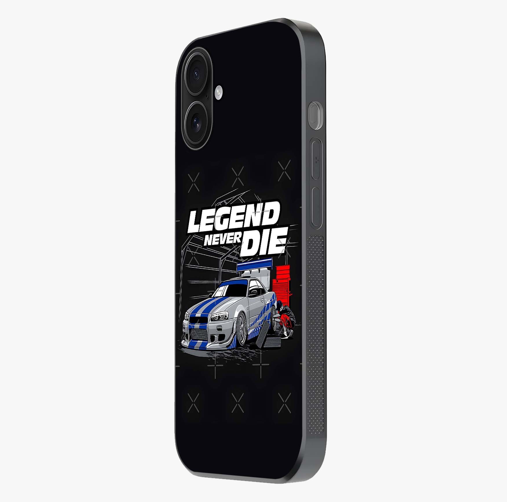 Midnight Racing Legacy Glass Case photographed in natural light showing reflective finish and design depth.