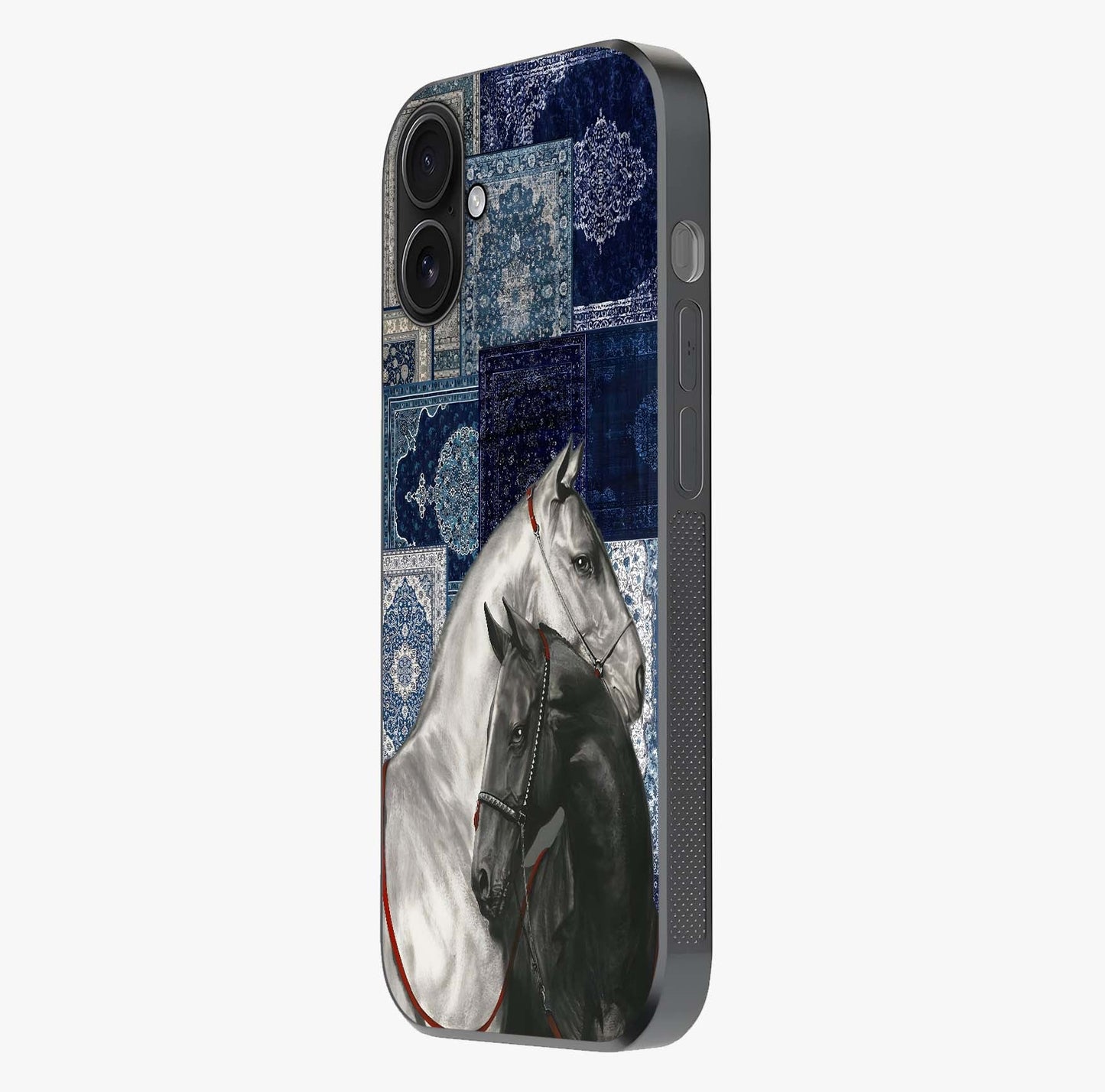 Midnight Stallion Blues Glass Case photographed in natural light showing reflective finish and design depth.