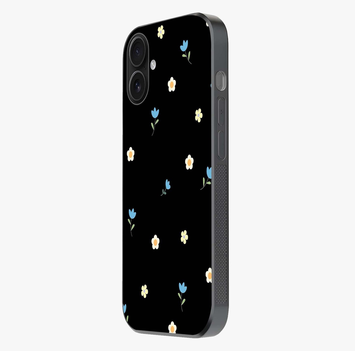 Minimal Petal Whispers Glass Case photographed in natural light showing reflective finish and design depth.