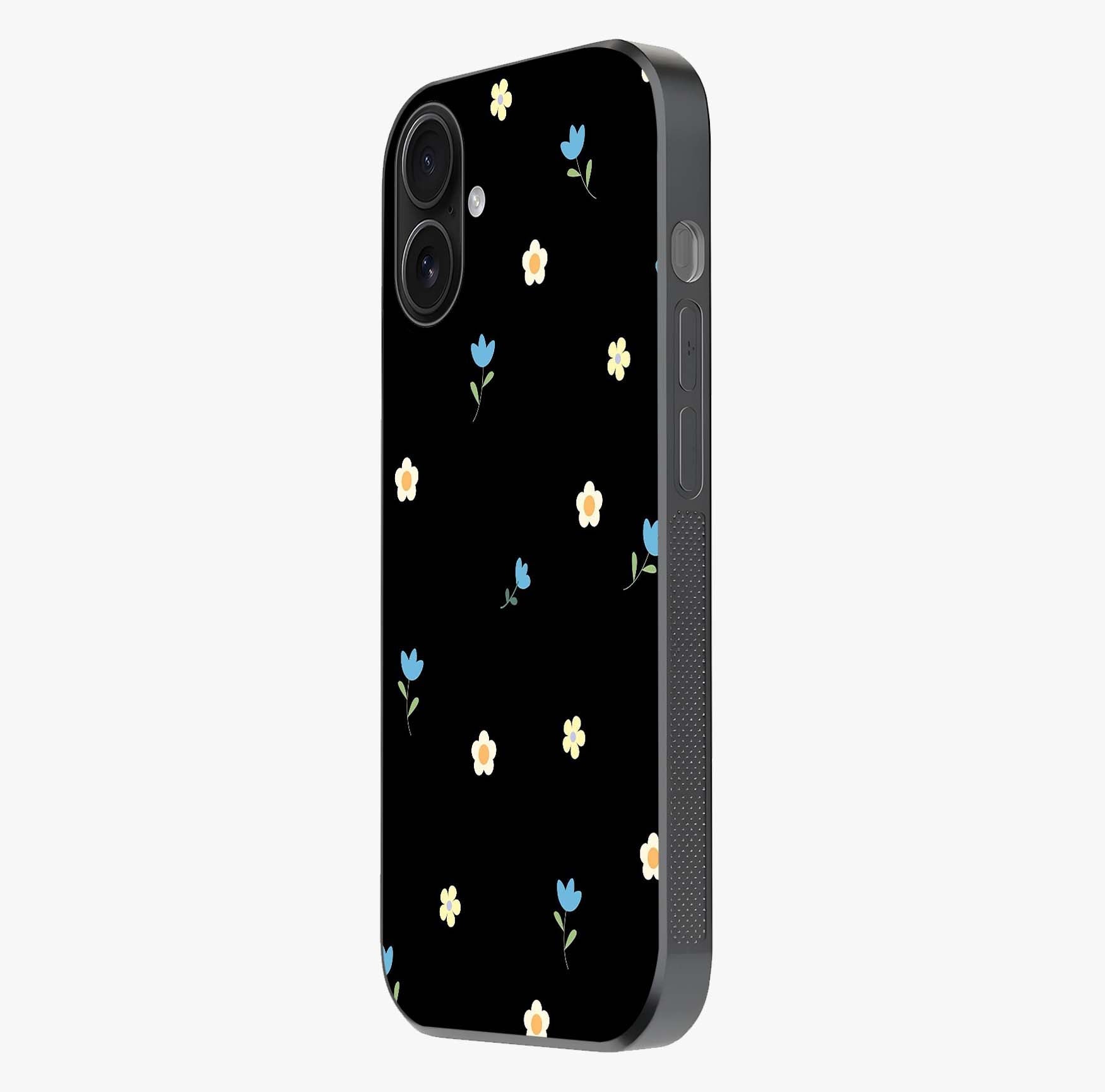 Minimal Petal Whispers Glass Case photographed in natural light showing reflective finish and design depth.